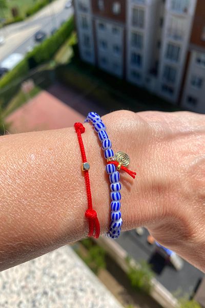 Shepidi 2Pcs Blue Striped Bead Gold Spiral Figured Red Rope Bracelet