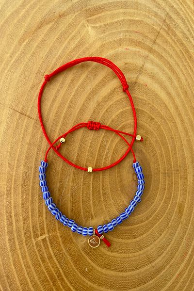 Shepidi 2'Li Mai Striped Bead Gold Tuğra Red Rope Bracelet