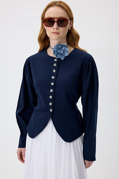 KUAD Navy Blue Natural Textured Waist Accent Lace up Jacket