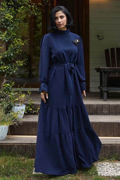 InStyle Navy Blue Dress with Flower Brooch Detail Belted