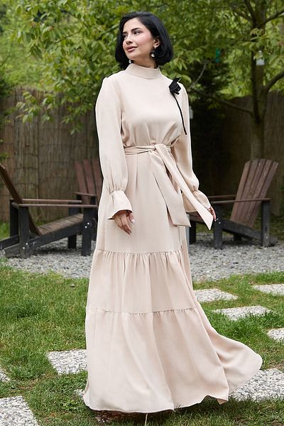 InStyle Beige Dress with Flower Brooch Detail Belted