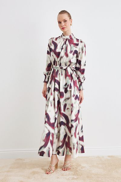 VAVİNOR Patterned Satin Dress - Burgundy