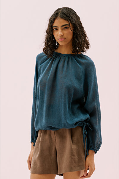 Roman Beli Bağlama Detaylı Bluz Lacivert Y2564107_015