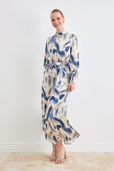 VAVİNOR Patterned Satin Dress - Indigo