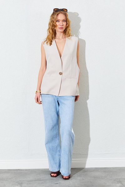 TENA Women's Beige Single Button Oversize Vest
