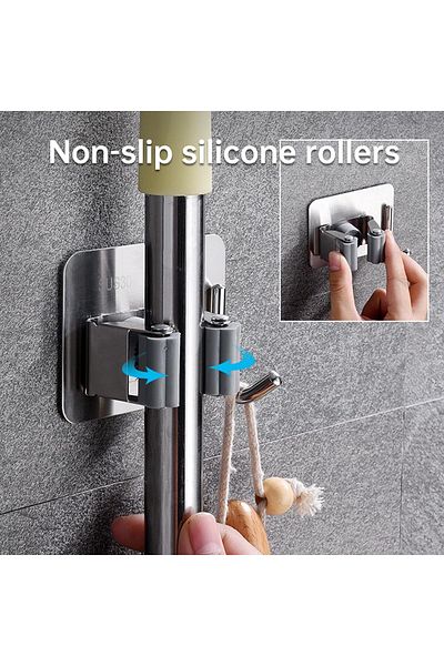COOYA 4PCS Mop Broom Holder, Wall Mount, Self-Adhesive, 3 Racks 4 Hooks, for Home Bathroom(Silver)