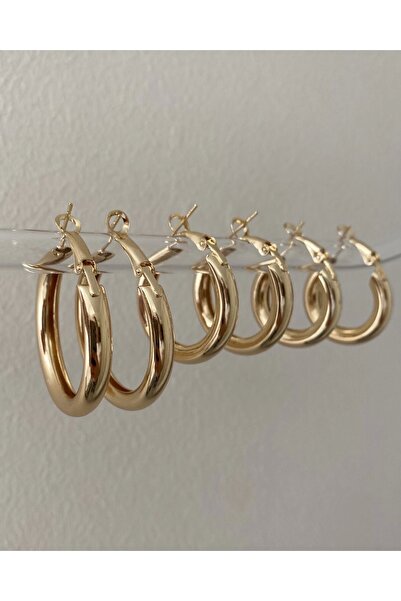 stainles steel Gold 3 Boy Çift 6'lı Perry Halka Küpe Seti