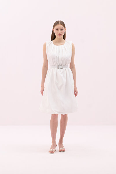 Roman Tafta Beli Kemerli Midi Boy Balon Elbise Beyaz Y2511525_002