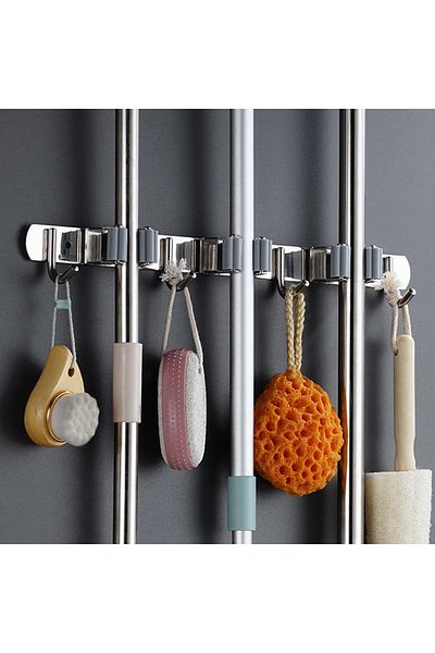 COOYA Mop Broom Holder, Self-Adhesive 3 Racks 4 Hooks, No Drill for Home, Garage, Kitchen, Garden