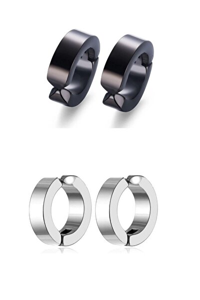 Genel Markalar Sıkıştırmalı Kıstırmalı Unısex Deliksiz Çelik Siyah Gümüş Halka Küpe 2 Çift