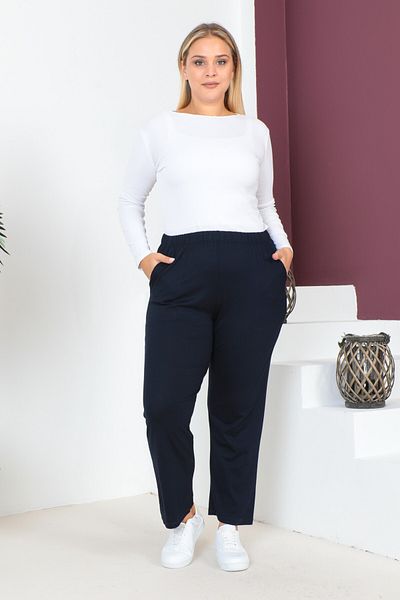 tarzımsüper Women's Large Size Comfort Model Elastic Waist Pocket Lycra and Comfortable Fit Wide Leg Pants