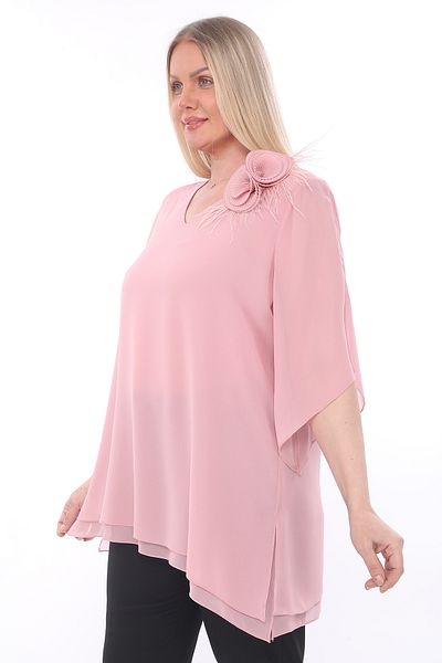 KİFAYET 22502 Feather Flower Brooch Short Sleeve Chiffon Evening Dress (R) (C104)