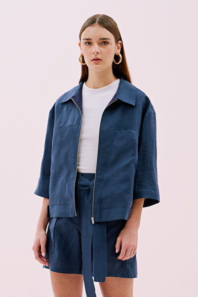 Roman Fermuarlı Çift Cepli Truvakar Kol Keten Ceket Lacivert Y2517503_015