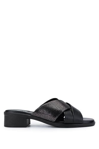 Tamer Tanca Women's Genuine Leather Black Heeled Slippers