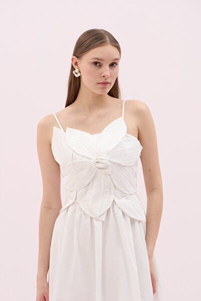 Roman Askılı Çiçek Motifli Midi Boy Tafta Elbise Beyaz Y2511349_002