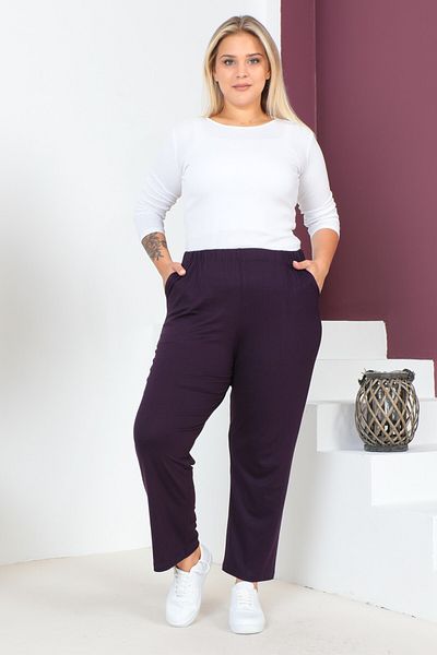 tarzımsüper Women's Large Size Comfort Model Elastic Waist Pocket Lycra and Comfortable Fit Wide Leg Pants