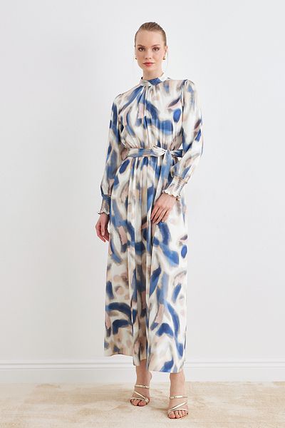 VAVİNOR Patterned Satin Dress - Indigo