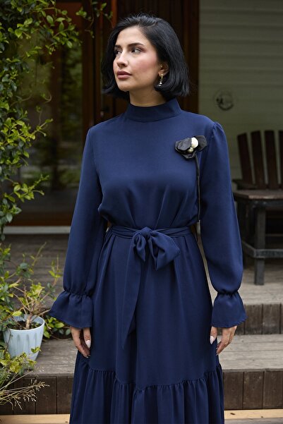 InStyle Φόρεμα με λουλούδια με λεπτομέρεια με ζώνη Navy Blue