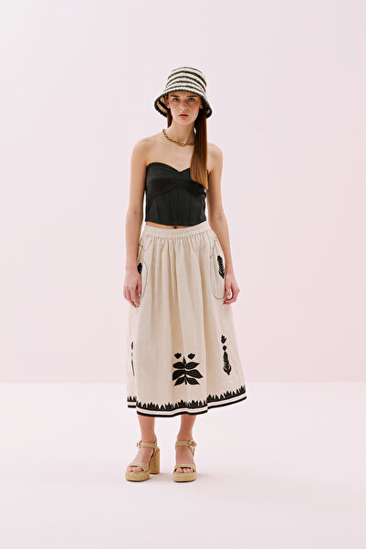 Roman Nakışlı Midi Boy Keten Etek Bej- Siyah Y2563108_218