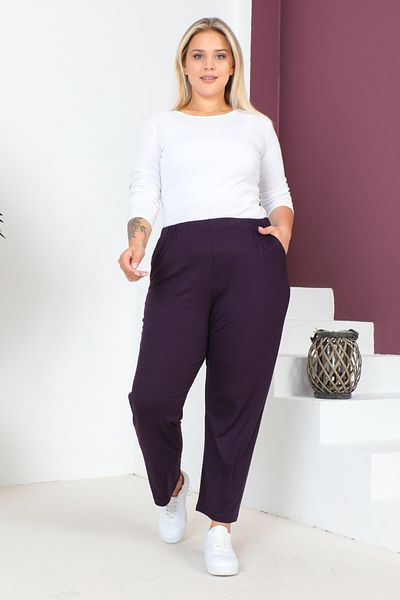 tarzımsüper Women's Large Size Comfort Model Elastic Waist Pocket Lycra and Comfortable Fit Wide Leg Pants