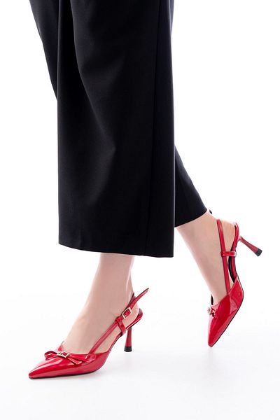 Moda Asmira Inf-2300 Red Patent Leather Daily Open Back Bow Heeled Shoes