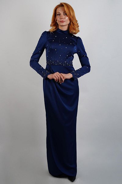 SpringStore Navy Blue Beaded Hijab Evening Dress