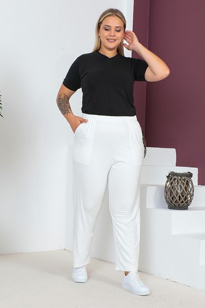 tarzımsüper Women's Large Size Comfort Model Elastic Waist Pocket Lycra and Comfortable Fit Wide Leg Pants