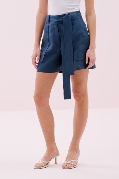 Roman Cep Detaylı Beli Kemerli Keten Şort Lacivert Y2512612_015