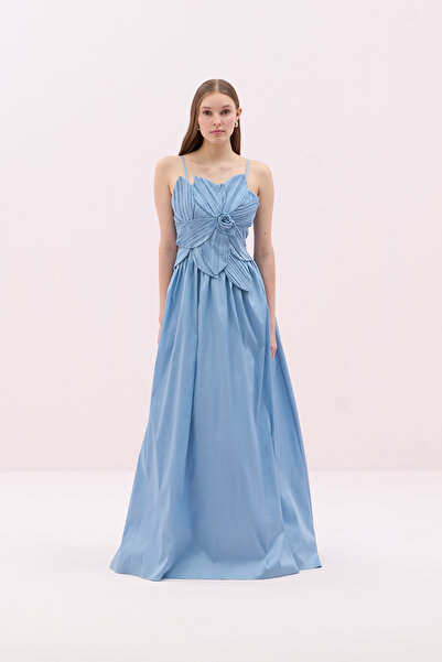 Roman Askılı Çiçek Motifli Tafta Elbise Mavi Y2511346_036