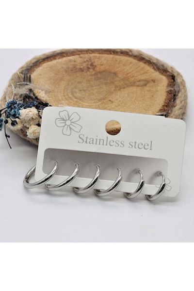MAZEN 316l Steel Set Hoop Earrings Silver 6 Pieces (3 Different Sizes)