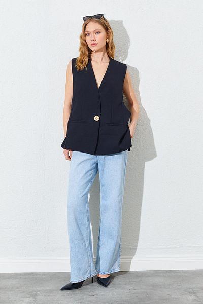 TENA Γυναικείο μαύρο γιλέκο oversize με ένα κουμπί