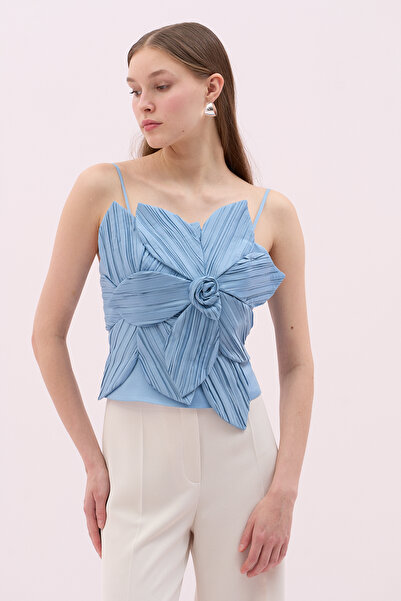 Roman Askılı Çiçek Motifli Tafta Büstiyer Mavi Y2514025_036