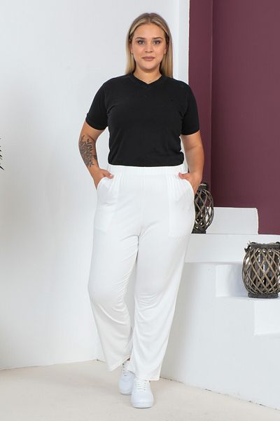 tarzımsüper Women's Large Size Comfort Model Elastic Waist Pocket Lycra and Comfortable Fit Wide Leg Pants