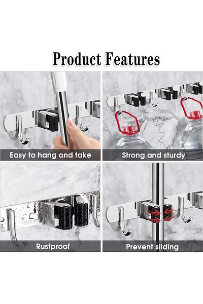 COOYA Broom Mop Holder Wall Mount, Self Adhesive, with 3 Racks and 4 Hooks, for Kitchen, Garden, Room
