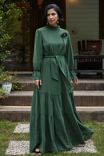 InStyle Khaki Dress with Flower Brooch Detail Belted