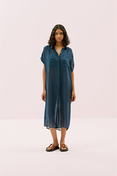 Roman Düğmeli Midi Boy Gömlek Elbise Lacivert Y2564108_015