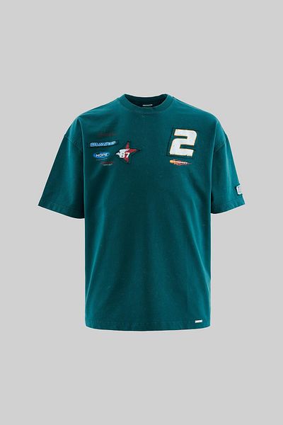 Machinist Men's Multiple Patchies Washed Oversize Oil Green T-Shirt