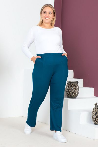 tarzımsüper Women's Large Size Comfort Model Elastic Waist Pocket Lycra and Comfortable Fit Wide Leg Pants