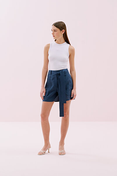 Roman Cep Detaylı Beli Kemerli Keten Şort Lacivert Y2512612_015