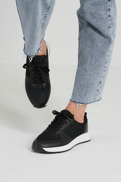 Beyond Women's Black Lace-Up Mesh Detailed Leather Sneaker 2.5 cm Byndf301