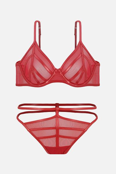 Wonna Leather Tulle Bra Thong Set - Cupless - Fashion - 2711 - Red