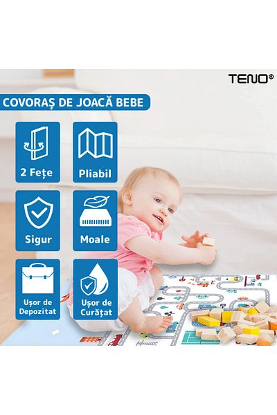 Teno Covoras de Joaca pentru Copii Teno®, 2 fete, oras si plaja, 200x180cm, grosime 1 cm, multicolor