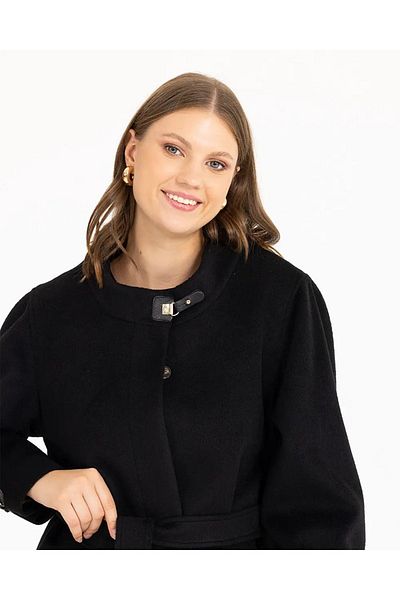 Gala-Xi Plus Size Long Sleeve Black Women's Stamp Coat with Tie Detail22211001022