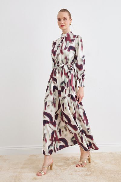 VAVİNOR Patterned Satin Dress - Burgundy