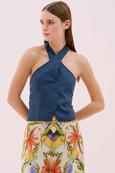 Roman Sırt Dekolteli Çapraz Askılı Keten Büstiyer Lacivert Y2513022_015