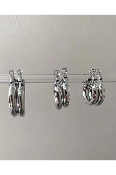 stainles steel Silver Steel 3 Size Double 6-Piece Hoop Earring Set
