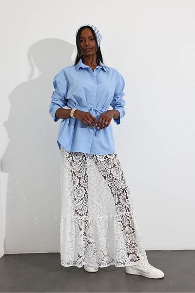 5in1Canpolat White Unlined Maxi Length Lace Skirt 3011