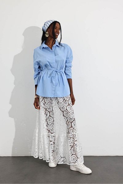 5in1Canpolat White Unlined Maxi Length Lace Skirt 3011