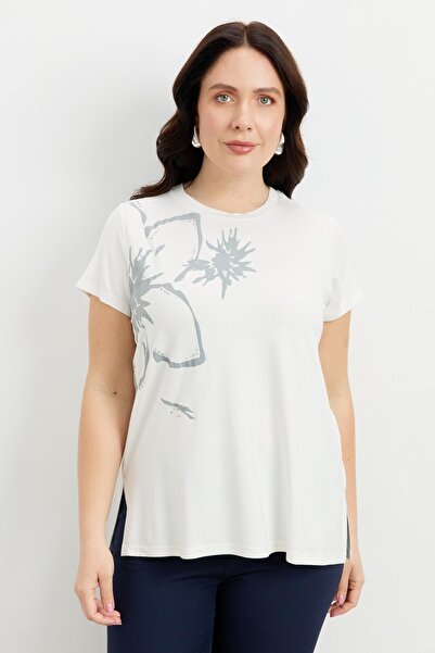 accort Büyük Beden Çiçek Baskılı Bluz-GRİ