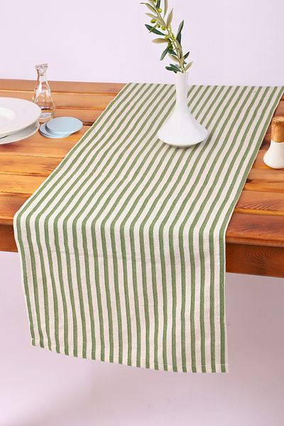 KAMİZ Emerald (Green) Striped Linen Runner 40 X 150